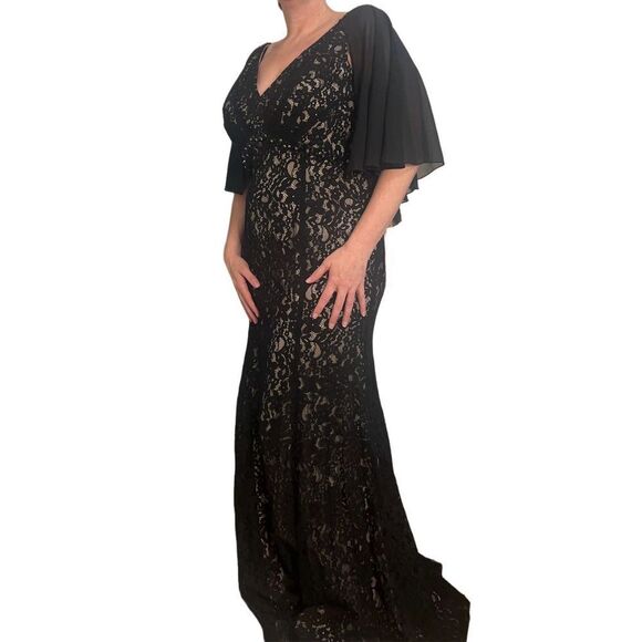 Amelia Couture Black lace formal dress, chiffon capelet, nude underlayer size 18 - Picture 1 of 10